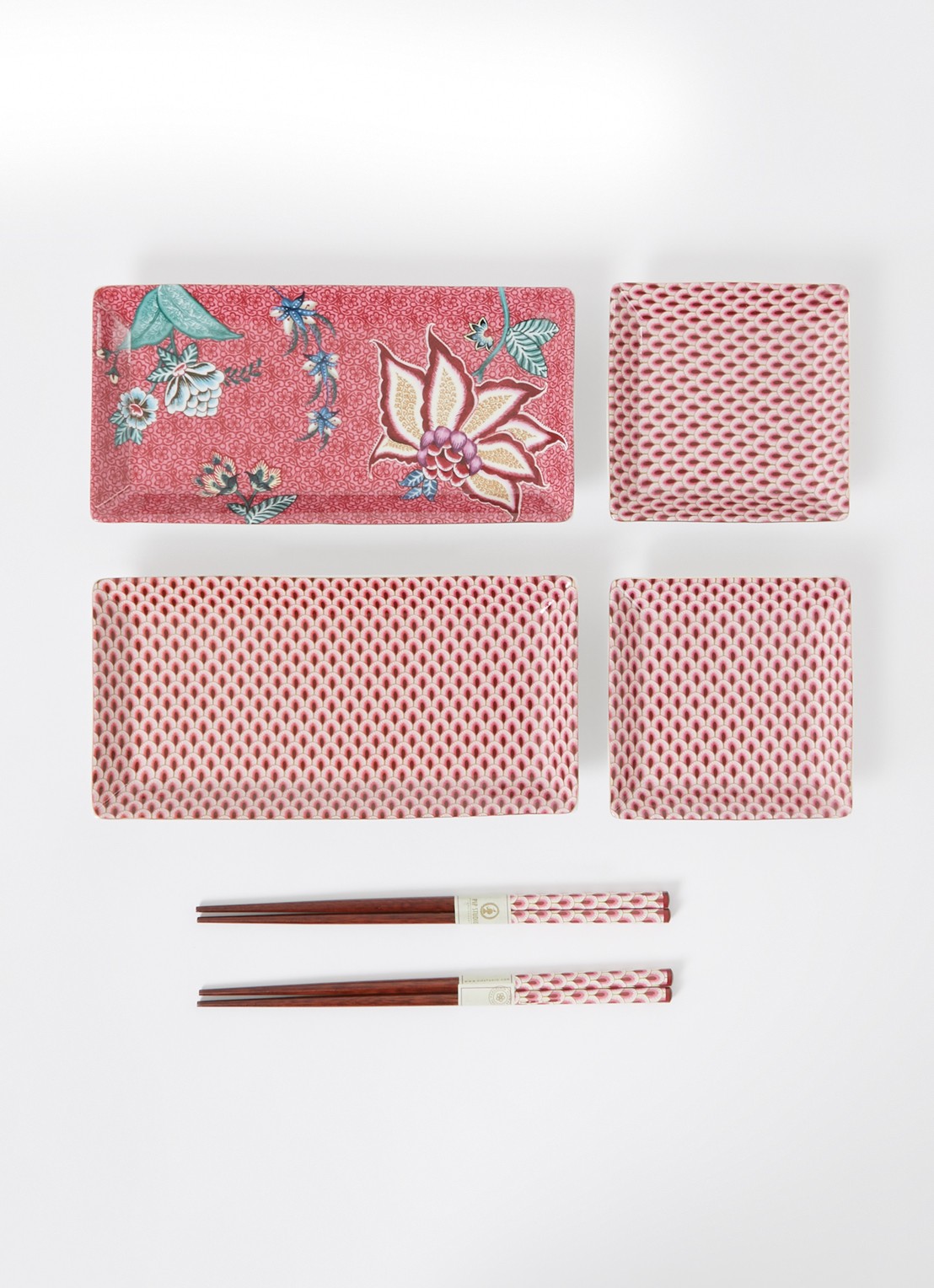 Pip Studio Oriental Flower Festival sushi serviesset 6-delig - voorkant 2 donkerroze