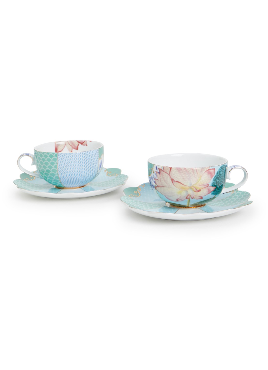 Pip Studio Royal Flowers kop en schotel 25 cl set van 4 - voorkant blauw