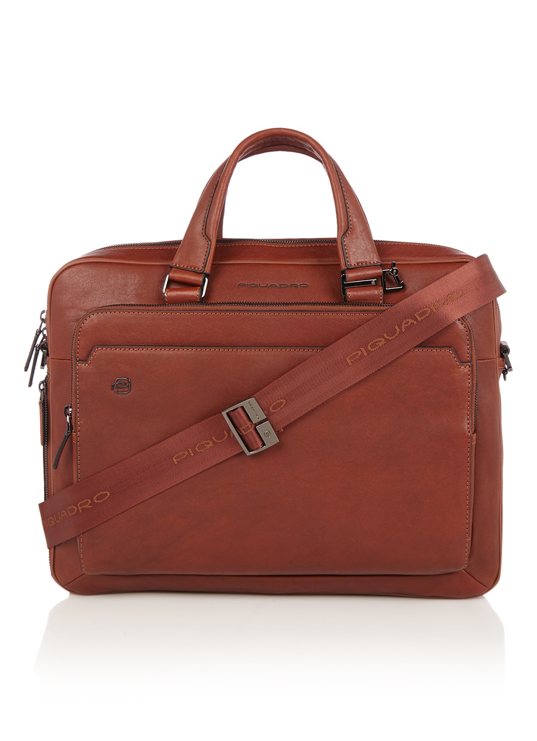 Piquadro Black Square laptoptas met 15 inch laptopvak - voorkant cognac