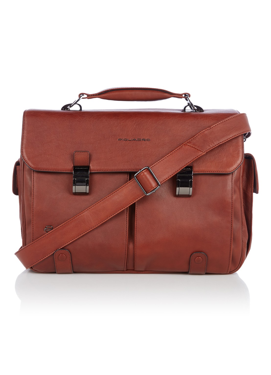 Piquadro Businesstas van leer met 15 inch laptopvak - voorkant 3 cognac