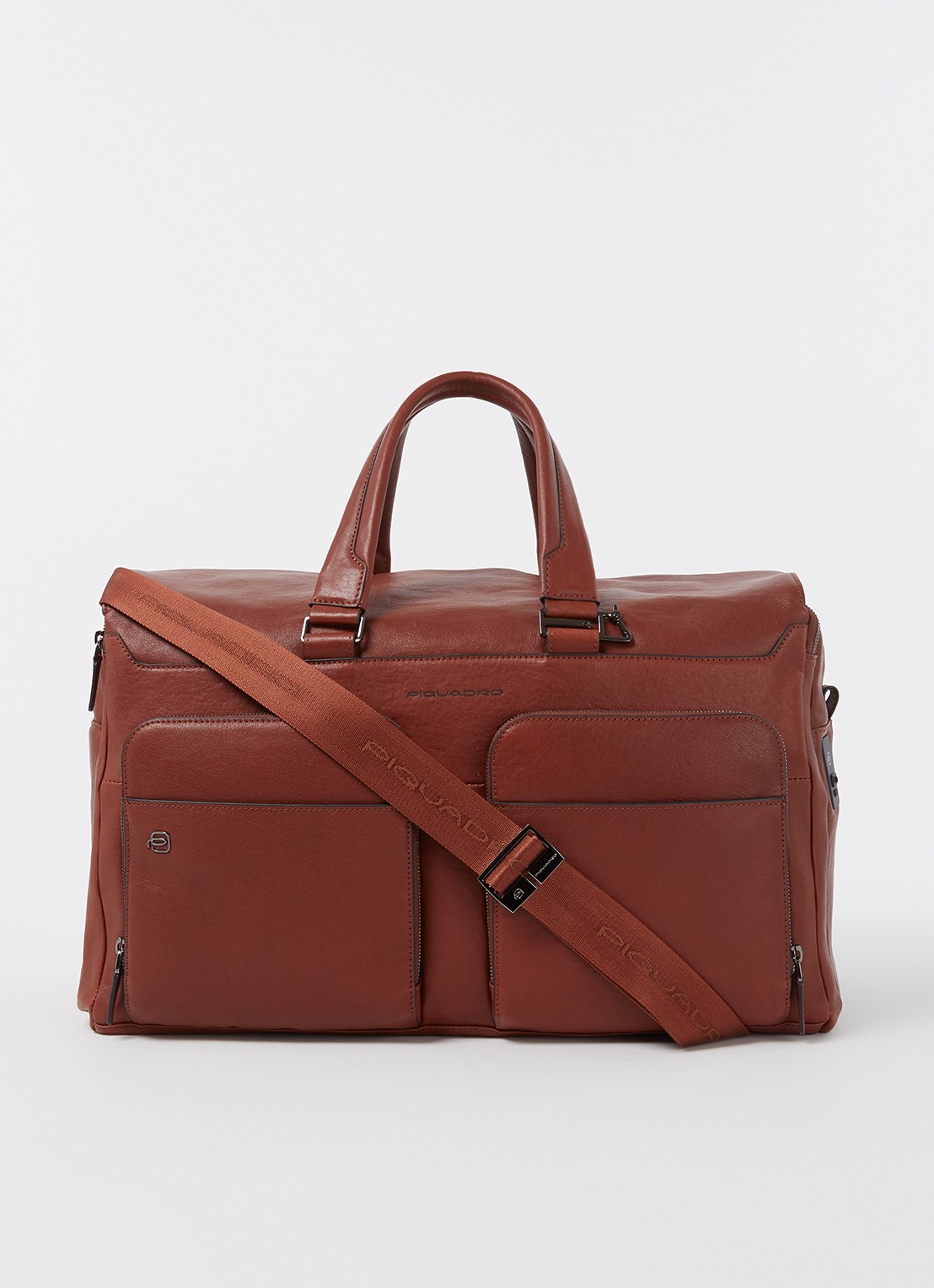 Piquadro Weekendtas van leer met 15 inch laptopvak - voorkant 3 cognac