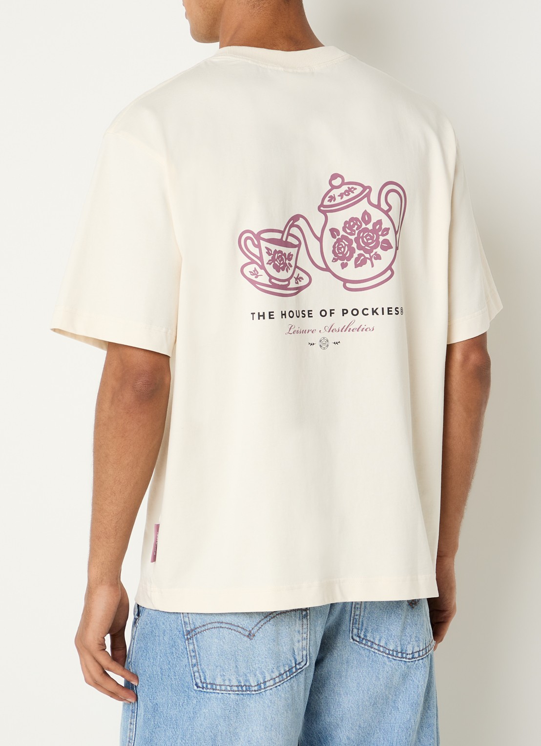 Pockies Tea T-shirt met logo- en backprint - detail gebroken wit