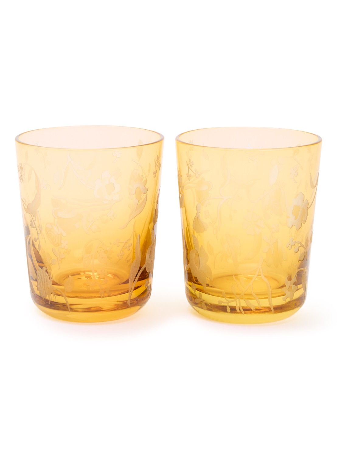 POLSPOTTEN Scattered Flowers glas 54 cl set van 2 - voorkant okergeel
