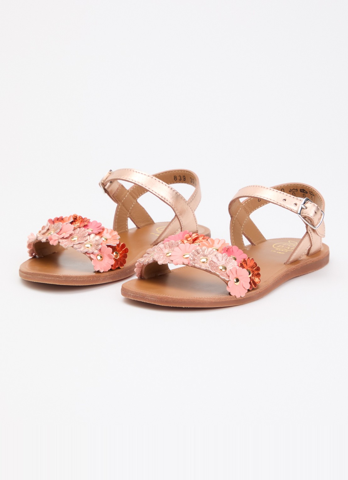 Pom d'Api Plagette Multi Flower sandaal van leer met metallic finish - voorkant 2 lichtroze