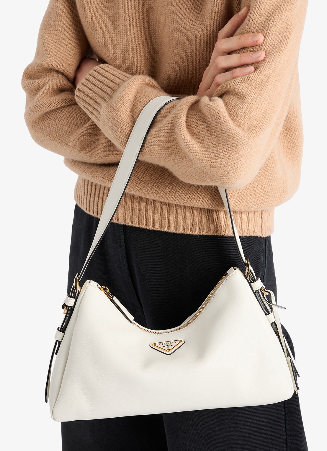 Prada Aimée Medium schoudertas van leer - voorkant 7 gebroken wit