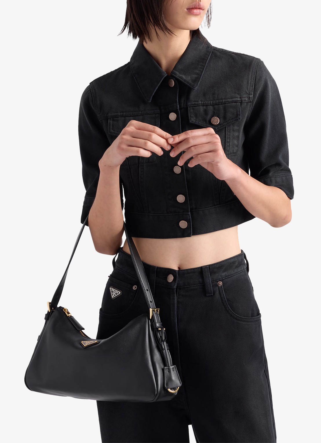 Prada Aimée Medium schoudertas van leer - voorkant 2 zwart