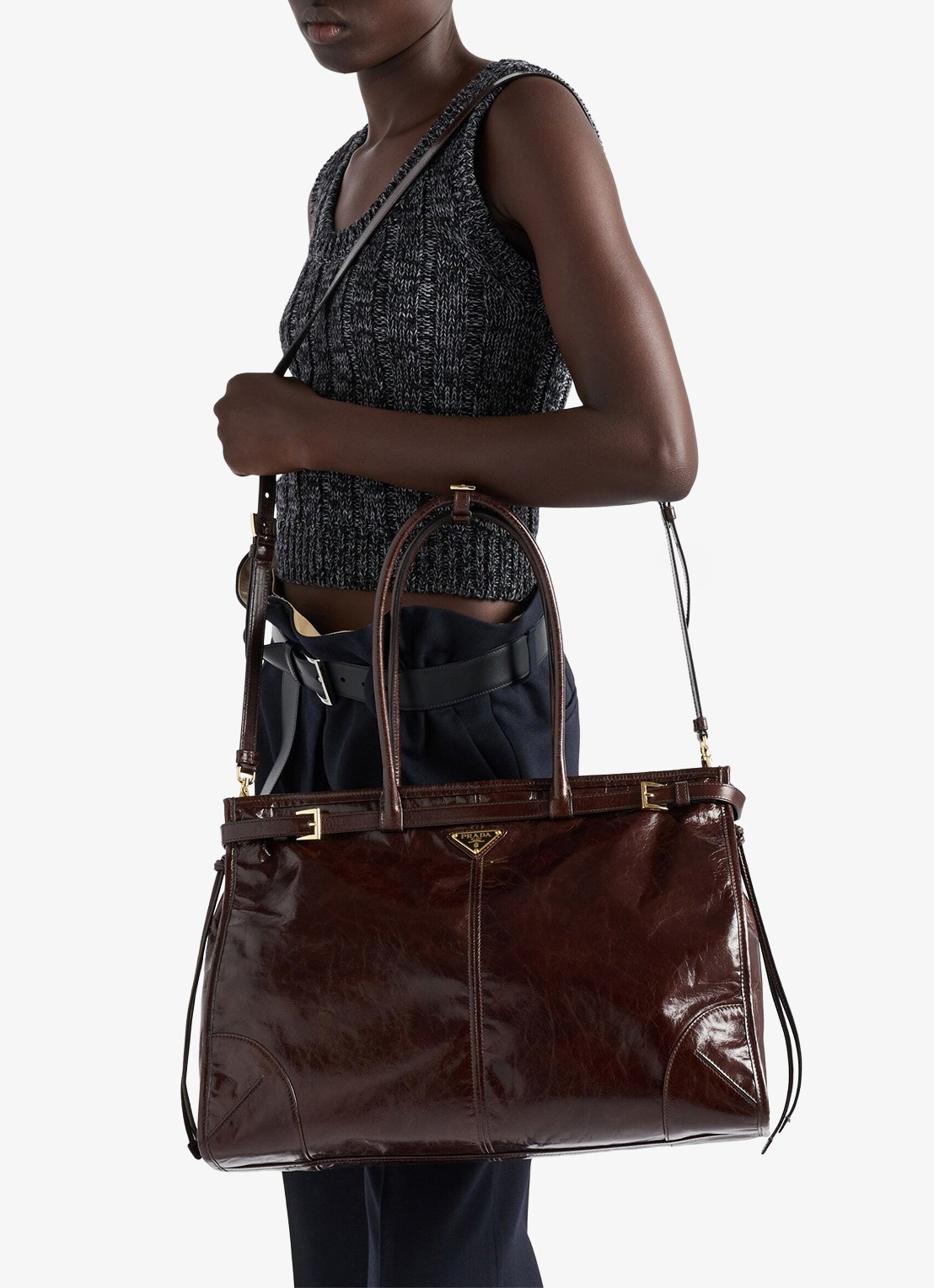 Prada Bonnie Extra-Large schoudertas van kalfsleer - voorkant 2 donkerbruin