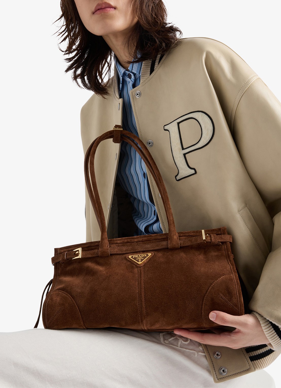 Prada Bonnie Medium handtas van kalfssuède - detail 5 donkerbruin