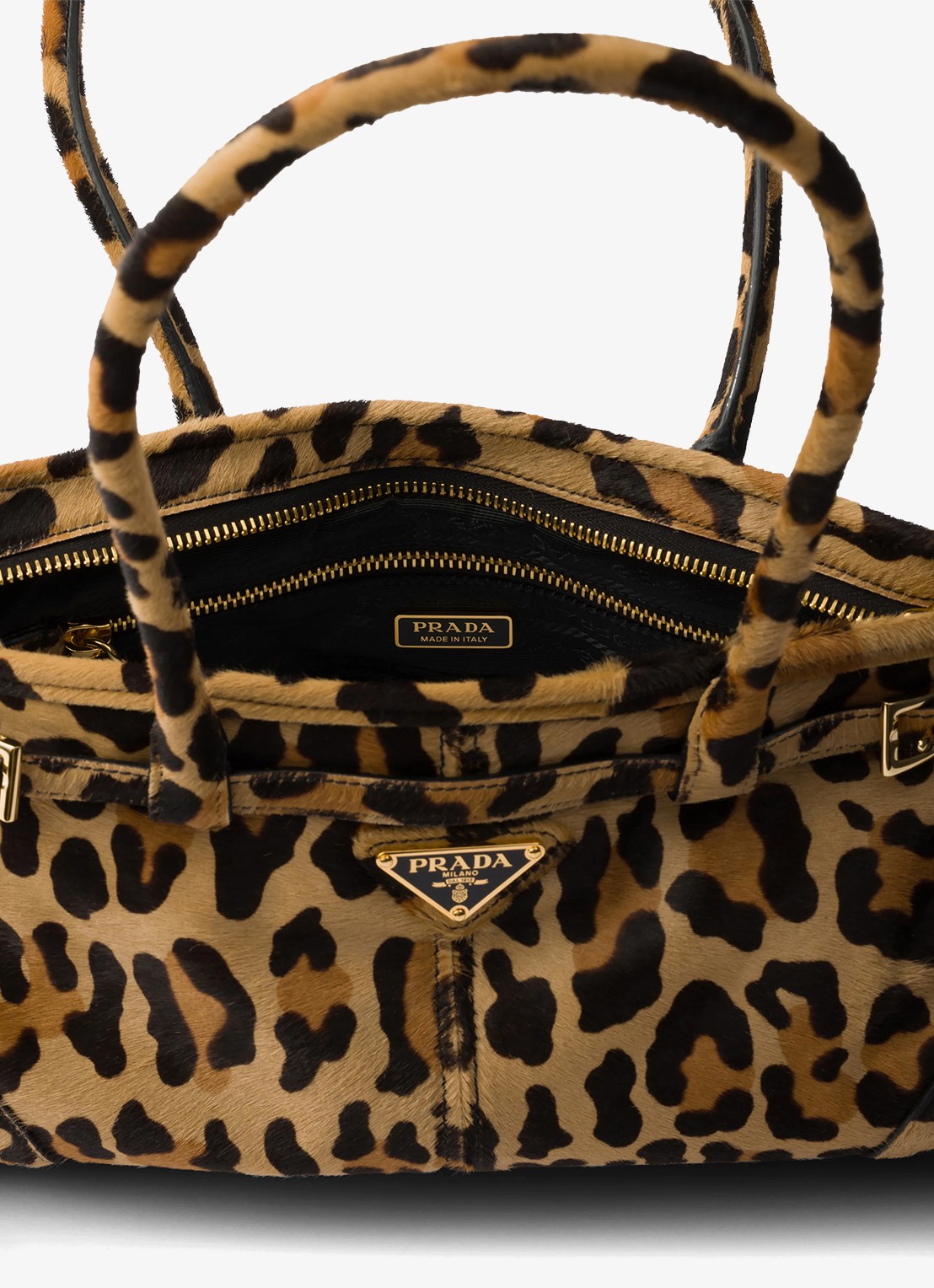 Prada Bonnie Medium handtas van leer met panterprint - detail 6 lichtbruin