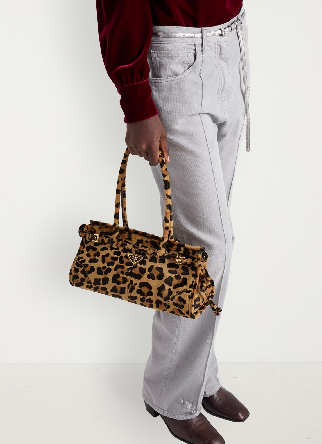 Prada Bonnie Medium handtas van leer met panterprint - voorkant 2 lichtbruin