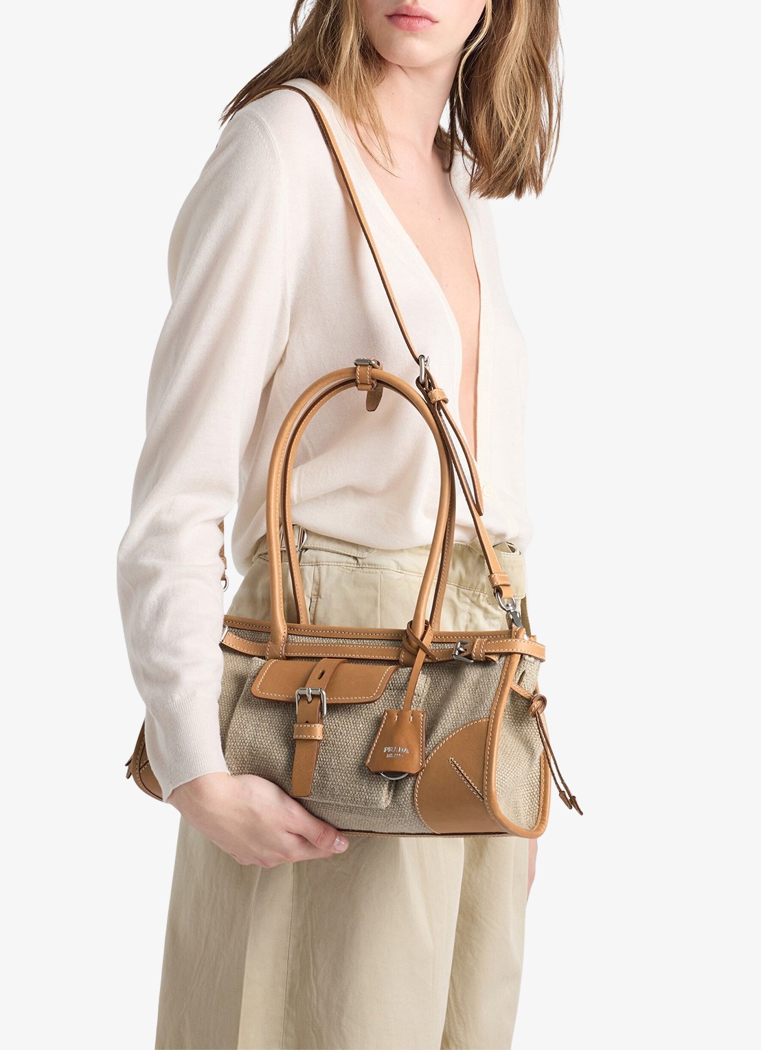 Prada Bonnie Medium schoudertas met leren details - voorkant 6 camel