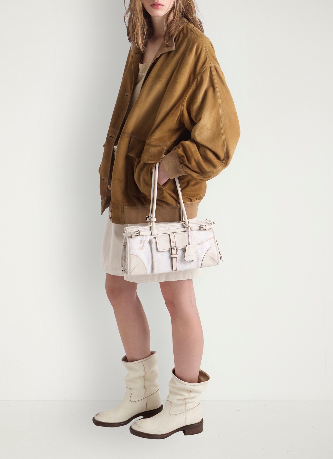 Prada Bonnie Medium schoudertas met leren details - detail 5 gebroken wit