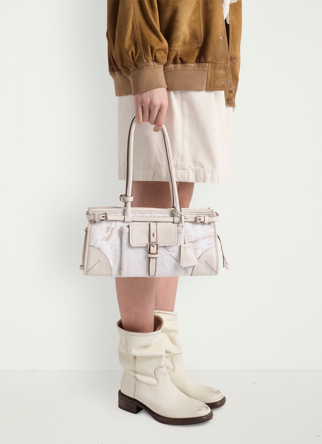 Prada Bonnie Medium schoudertas met leren details - detail 6 gebroken wit