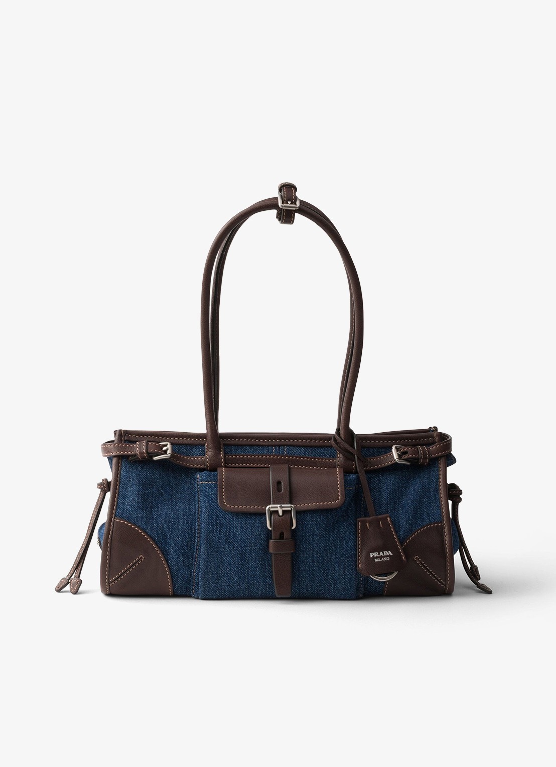 Prada Bonnie Medium schoudertas van denim met leren details - voorkant 2 indigo
