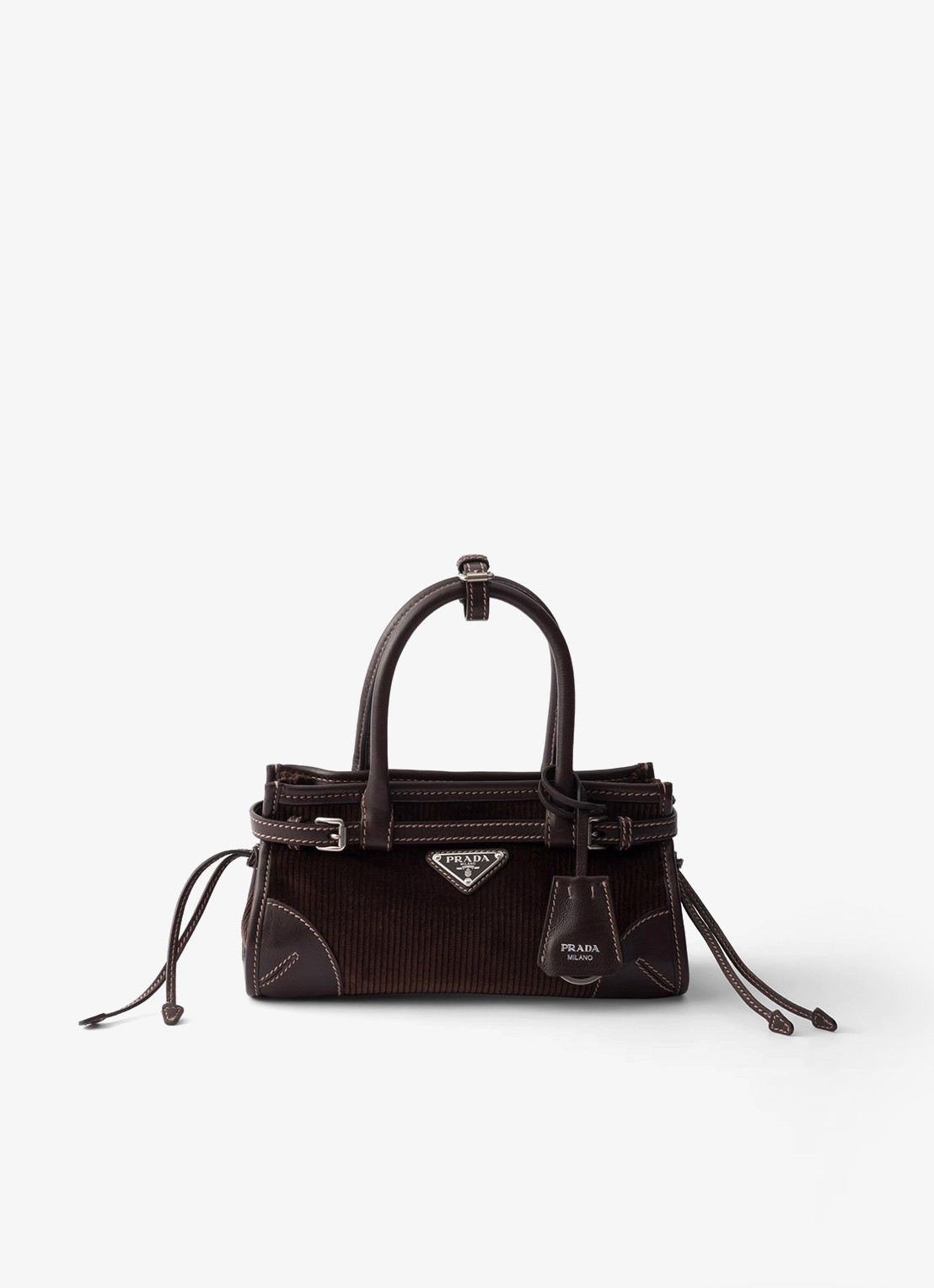 Prada Bonnie Small handtas van corduroy met leren details - voorkant 5 donkerbruin