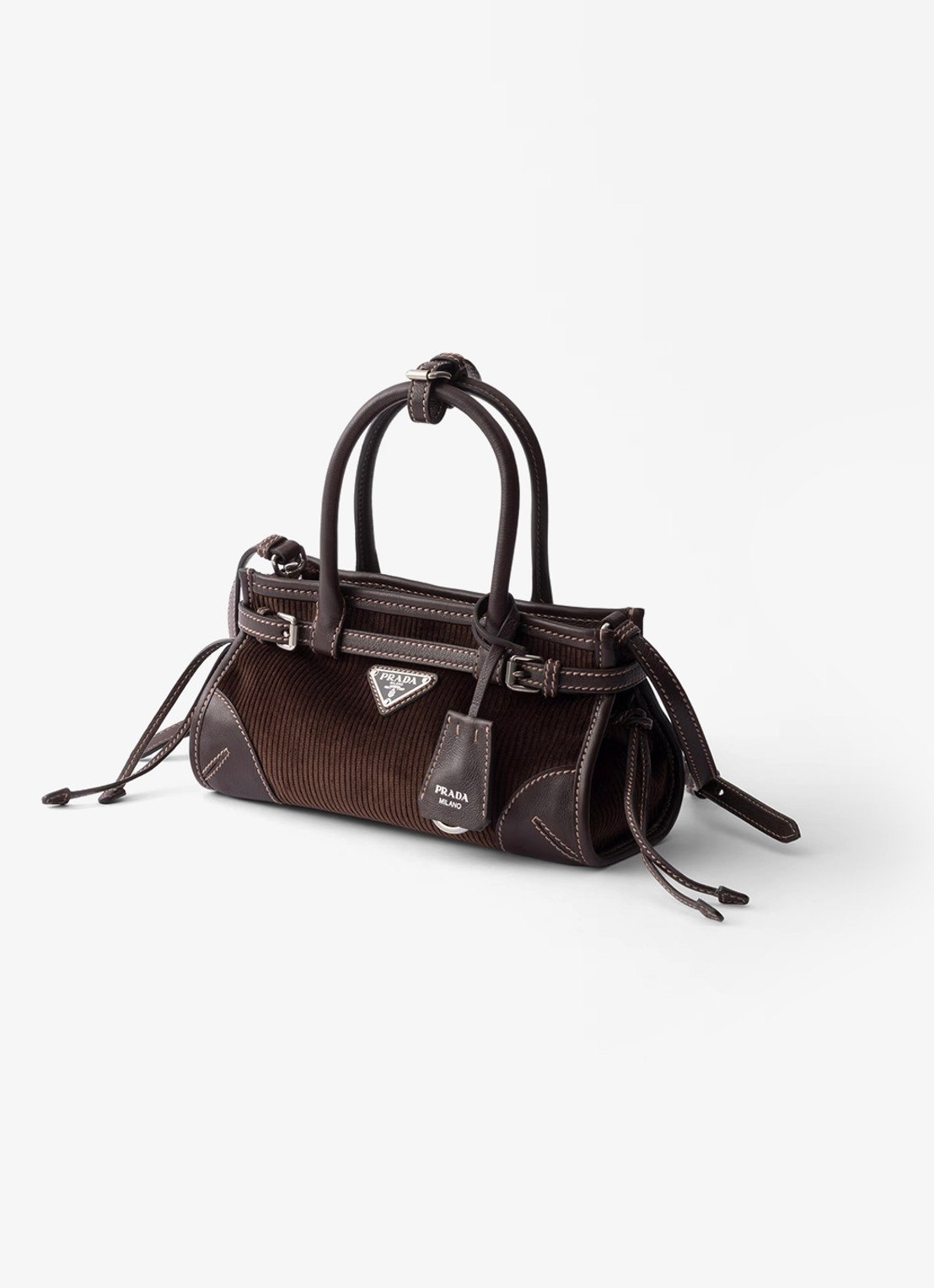 Prada Bonnie Small handtas van corduroy met leren details - voorkant 6 donkerbruin