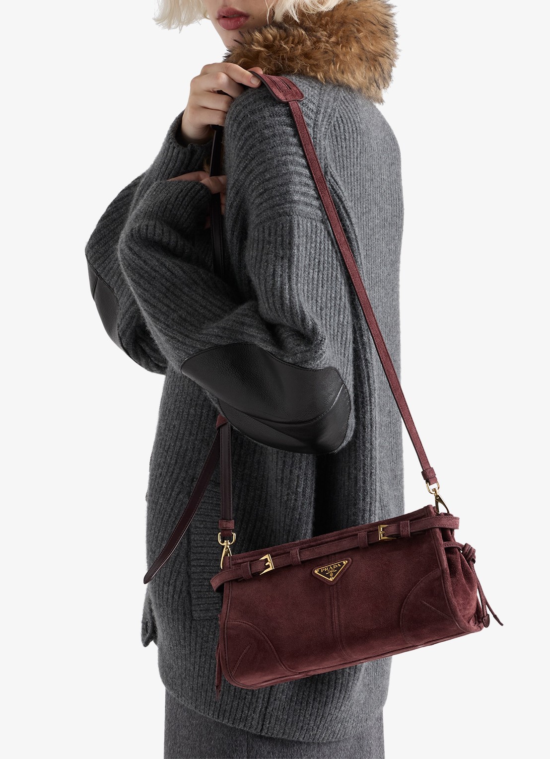 Prada Bonnie Small schoudertas van kalfssuède - voorkant 6 bordeauxrood