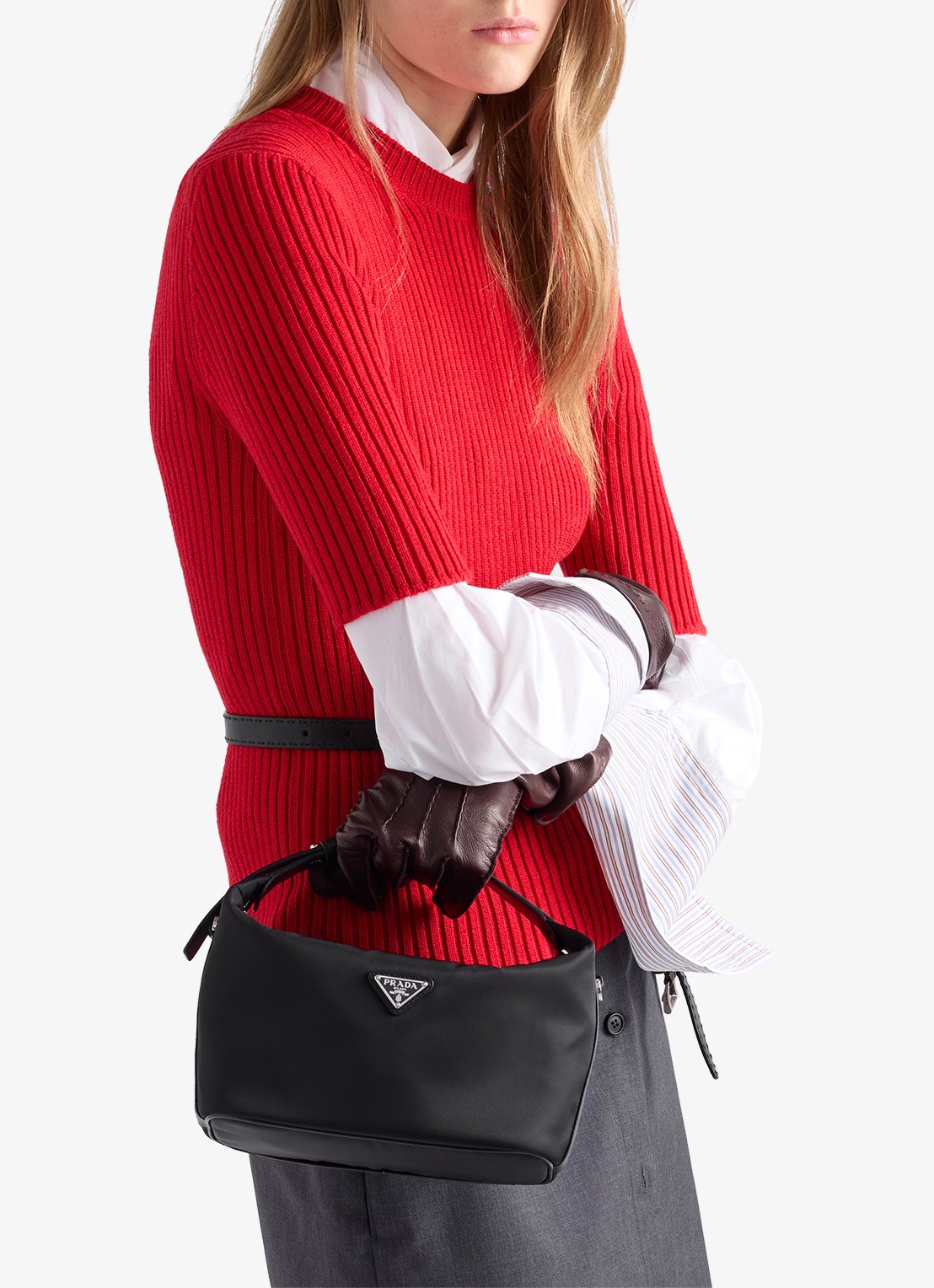 Prada Chérie Re-Nylon Mini handtas met leren details - voorkant 7 diepzwart