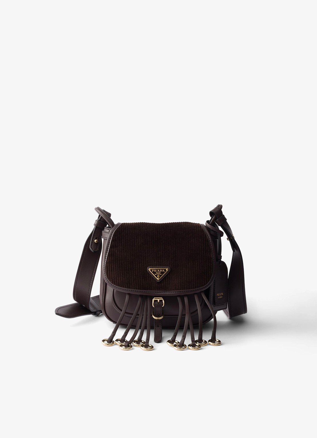 Prada Corsaire Mini schoudertas van corduroy met leren details - voorkant donkerbruin