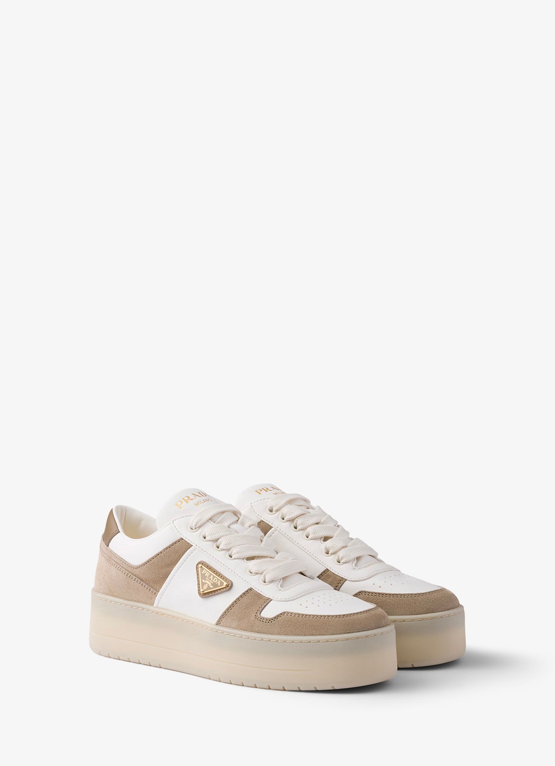 Prada Downtown Bold sneaker van lamsleer met sùede details - voorkant 5 beige