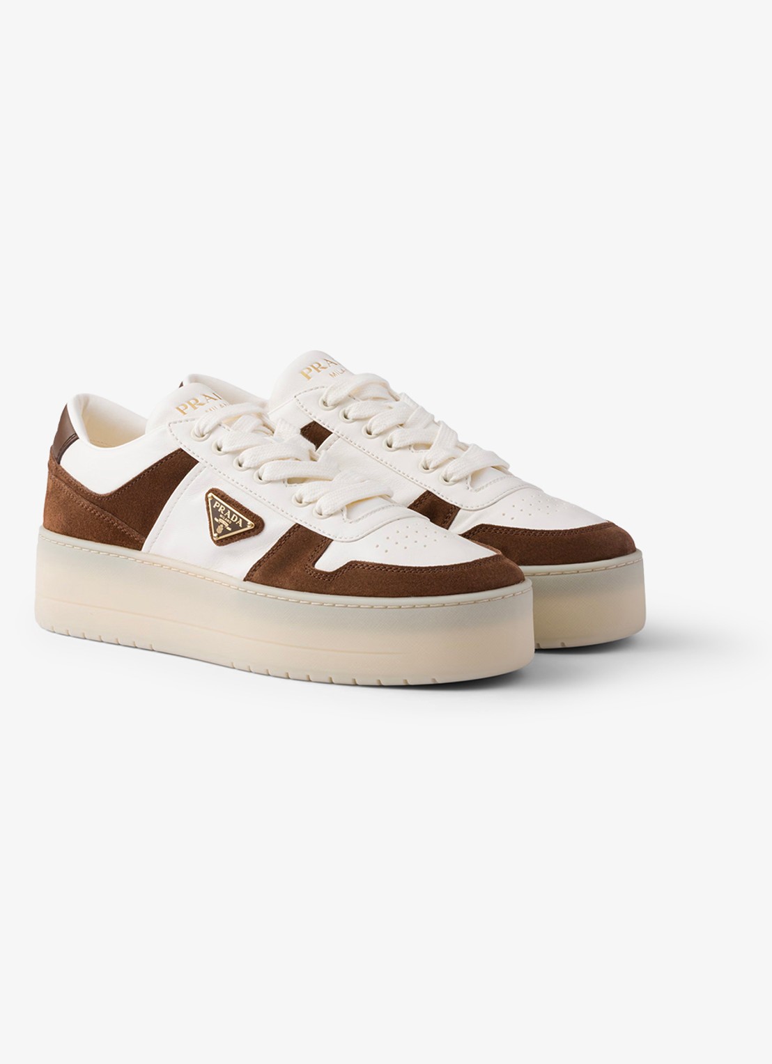 Prada Downtown Bold sneaker van lamsleer met sùede details - voorkant 5 bruin