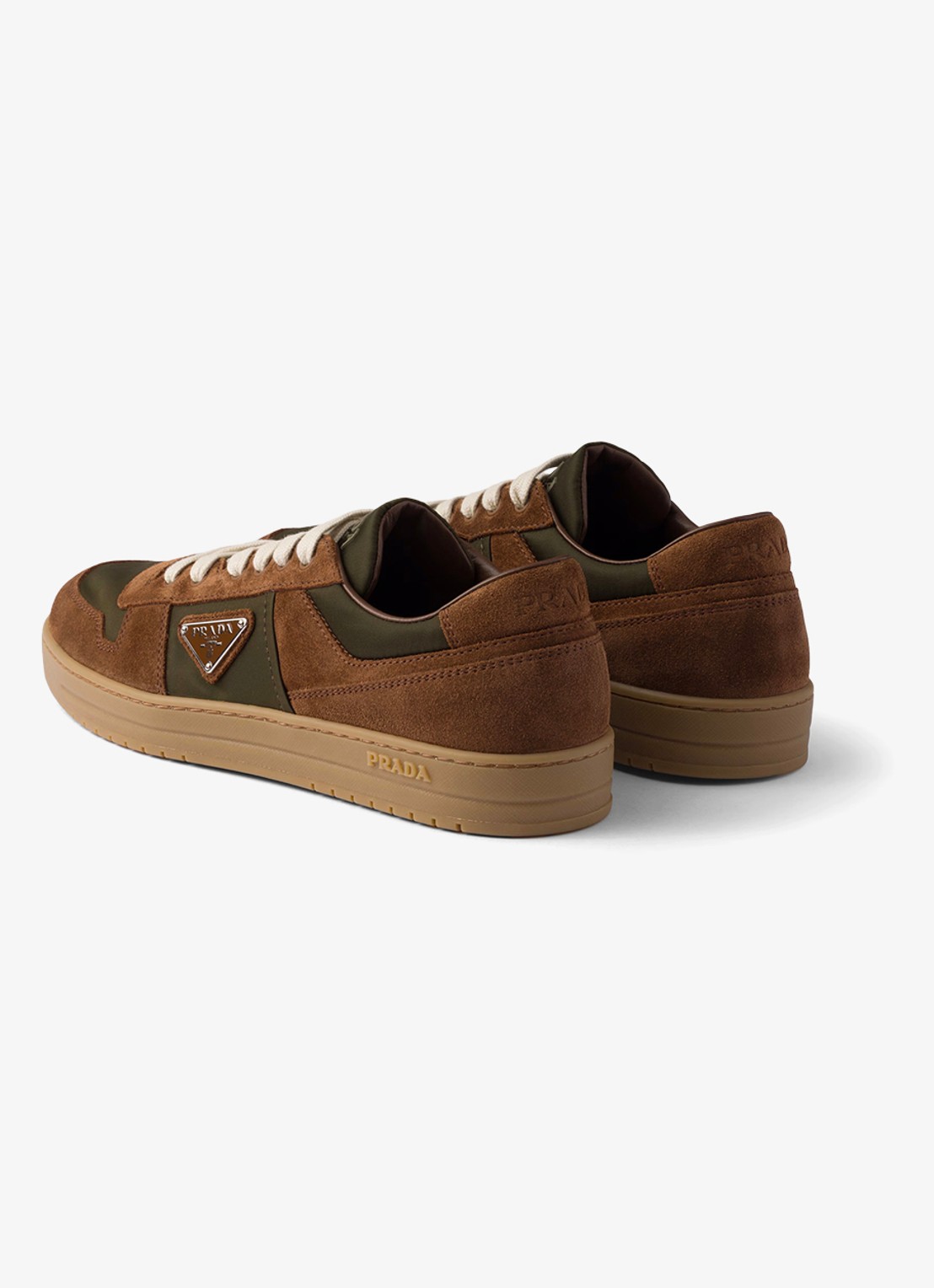 Prada Downtown Re-Nylon sneaker met suède details - achterkant bruin
