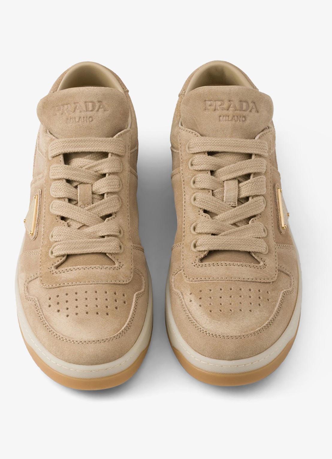 Prada Downtown sneaker van suède met logo - detail 3 beige