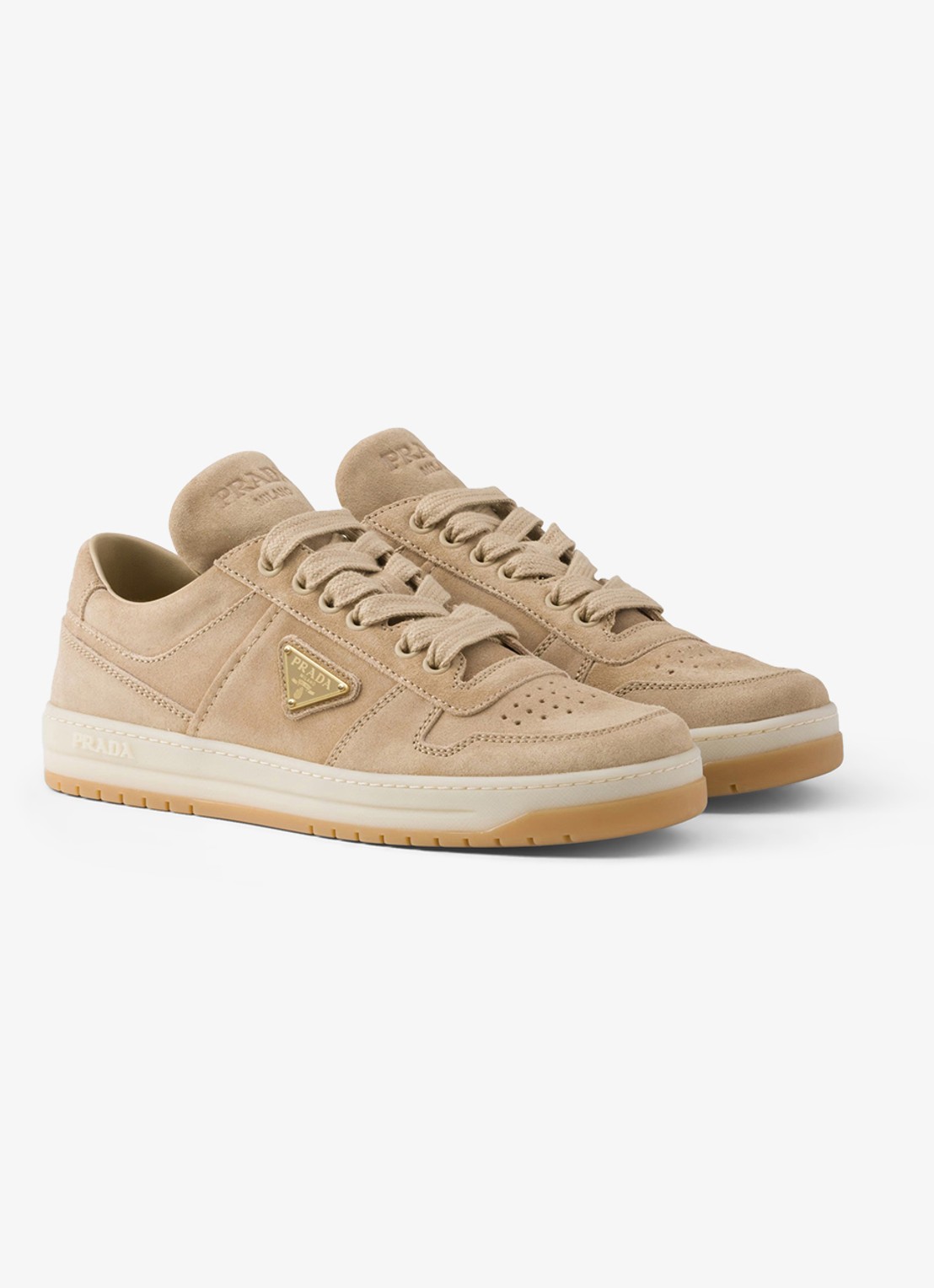 Prada Downtown sneaker van suède met logo - voorkant 4 beige