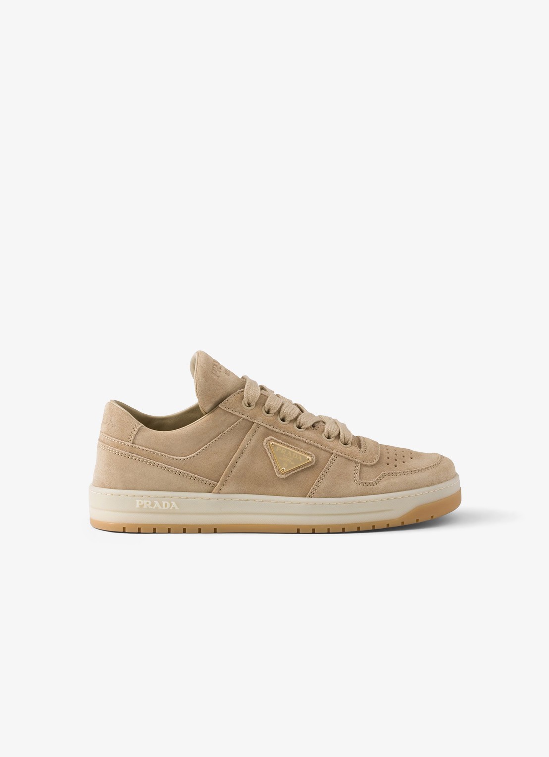 Prada Downtown sneaker van suède met logo - voorkant 5 beige