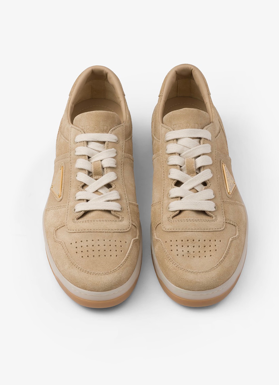 Prada Downtown sneaker van suède met logo - detail beige
