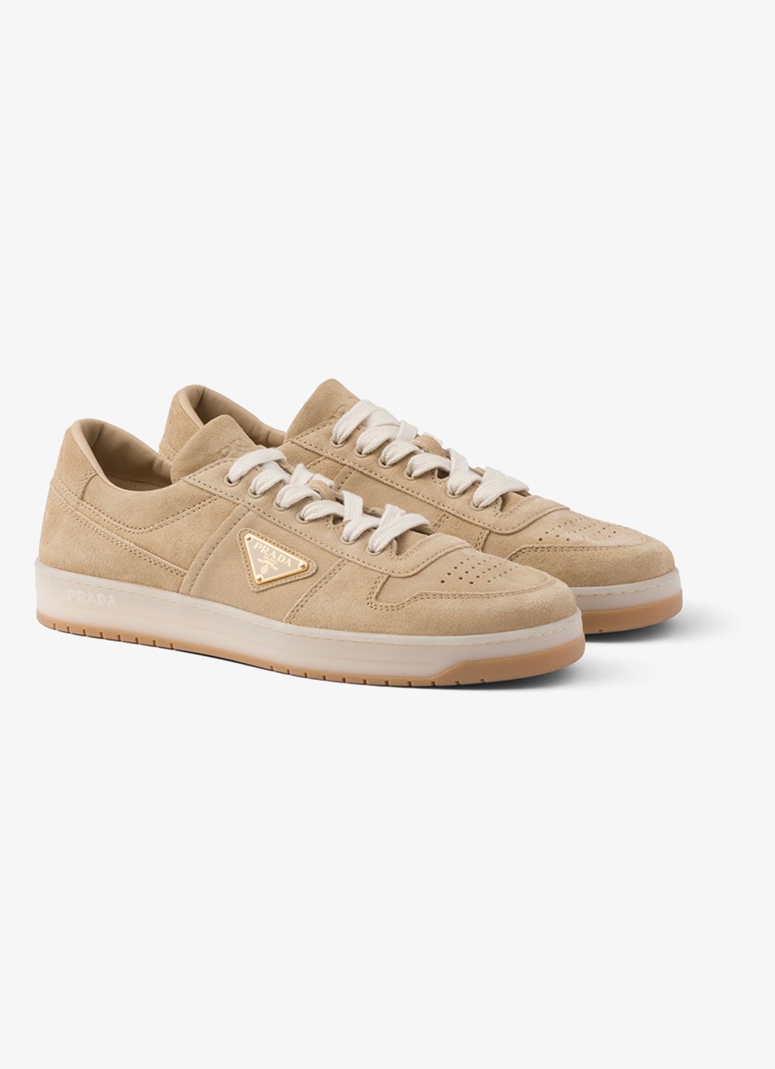 Prada Downtown sneaker van suède met logo - voorkant 5 beige