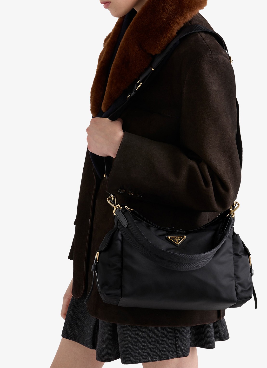 Prada Explore Re-Nylon Large schoudertas met leren details - voorkant 7 zwart