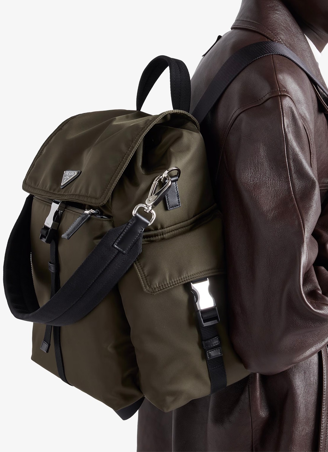 Prada Explore Re-Nylon rugzak met leren details - voorkant 3 legergroen