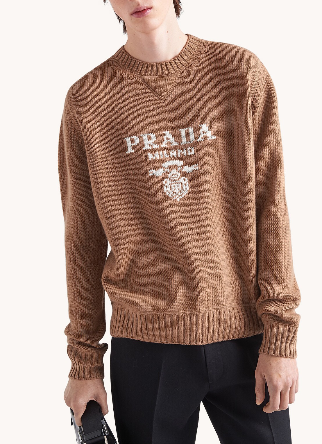 Prada Fijngebreide pullover in kasjmierblend met ingebreid logo - detail 4 camel