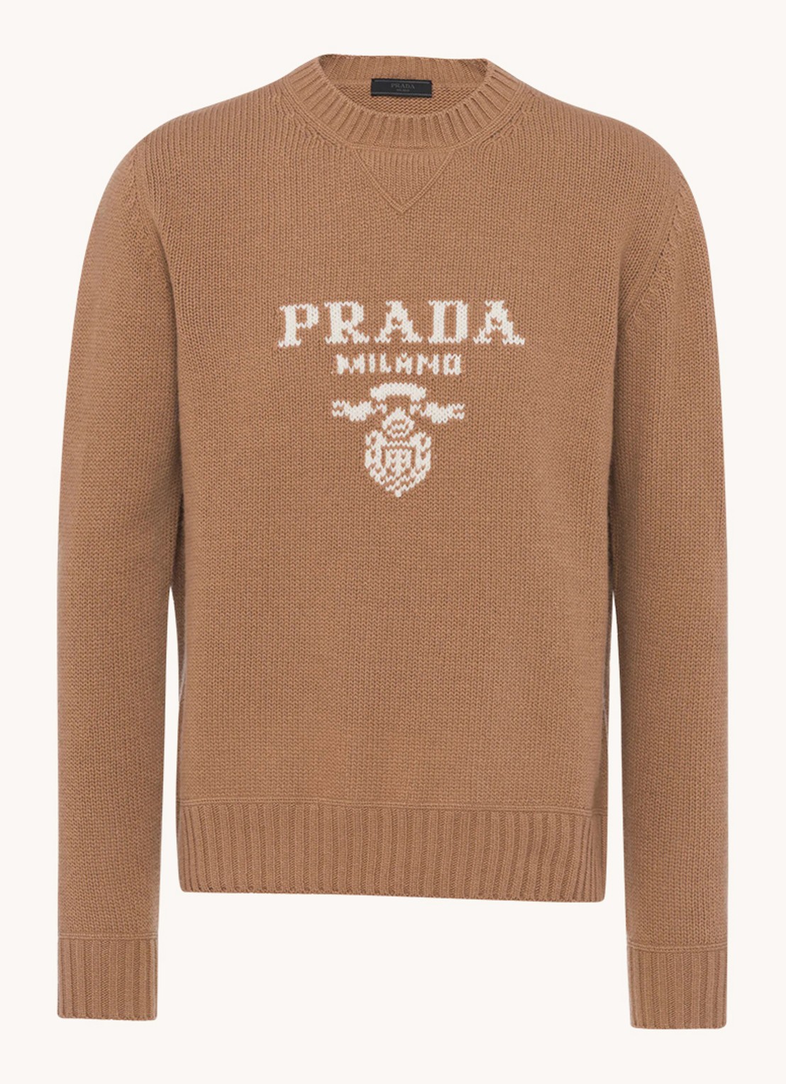 Prada Fijngebreide pullover in kasjmierblend met ingebreid logo - voorkant 2 camel
