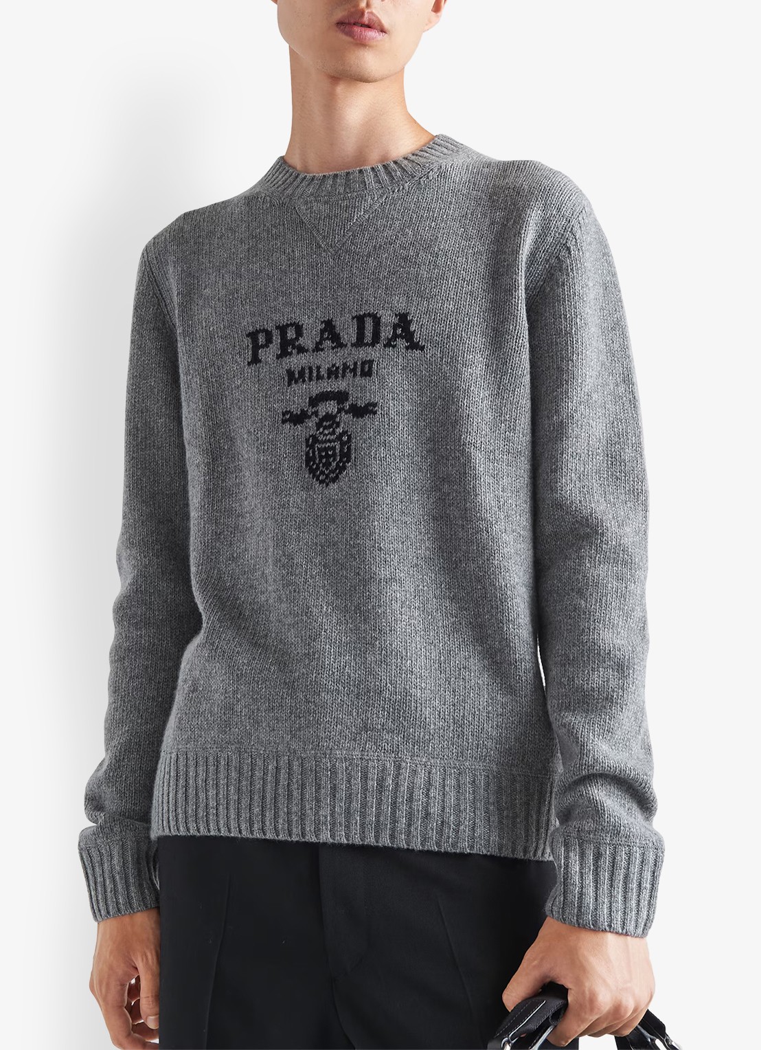 Prada Fijngebreide pullover in kasjmierblend met ingebreid logo - detail 4 grijsmele