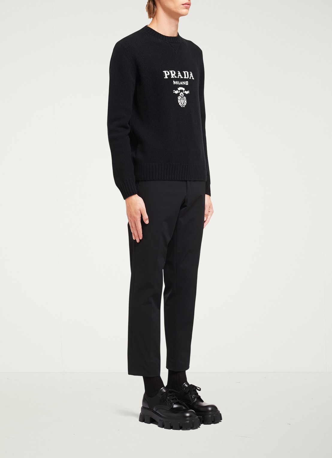 Prada Fijngebreide pullover in kasjmierblend met ingebreid logo - voorkant 2 zwart