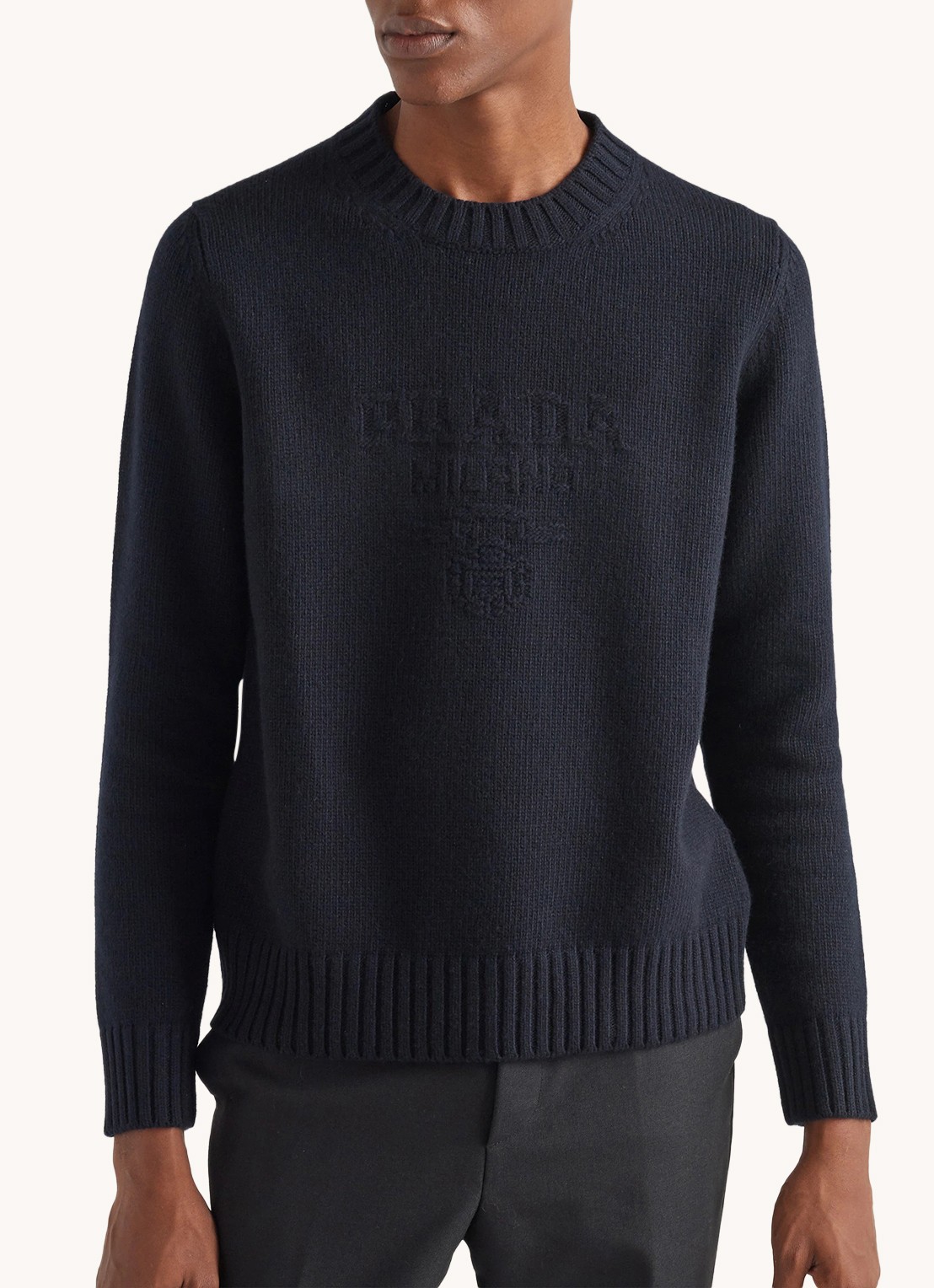 Prada Fijngebreide pullover in kasjmierblend - detail donkerblauw