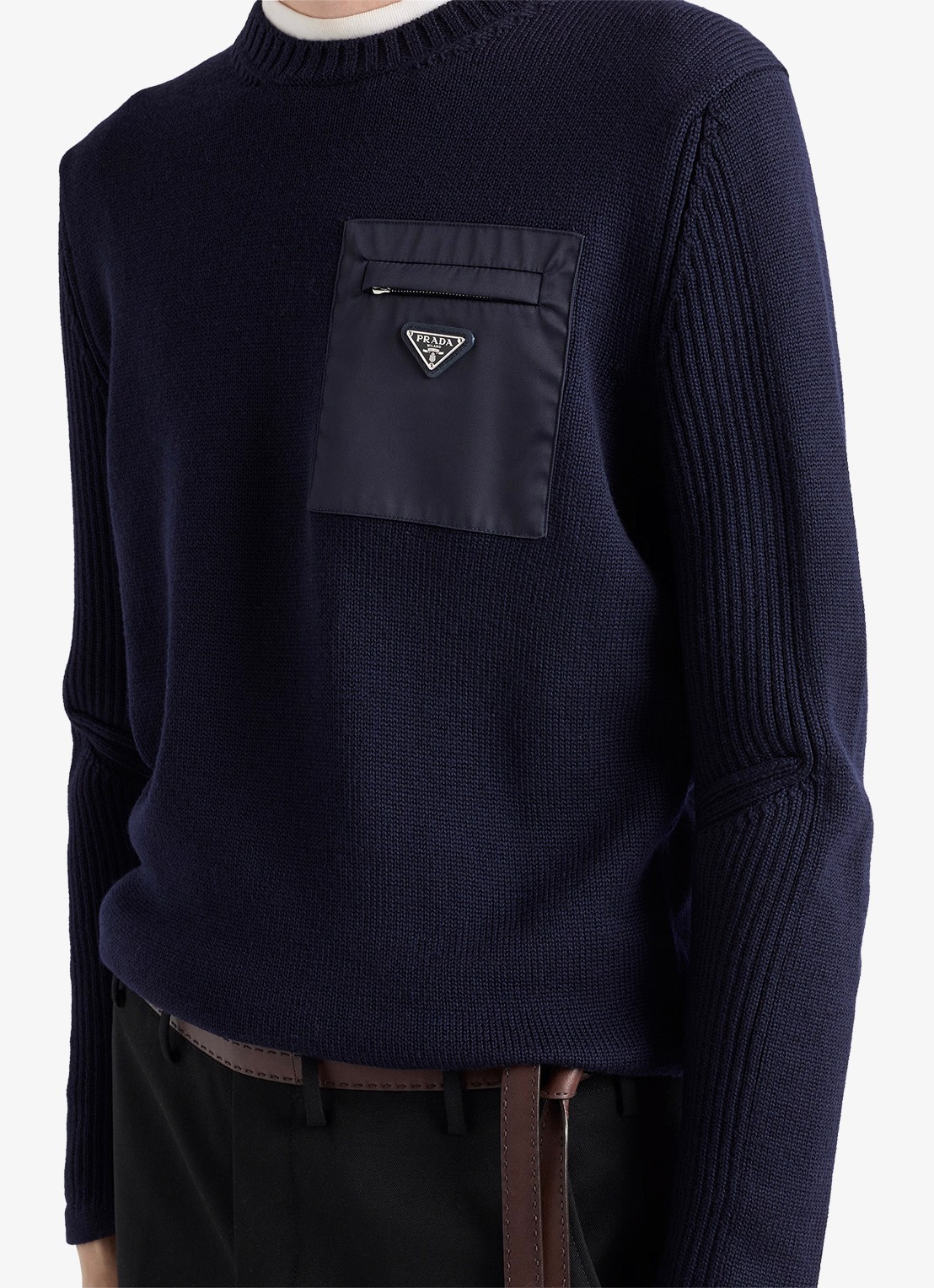 Prada Fijngebreide pullover van scheerwol met borstzak - detail 3 donkerblauw
