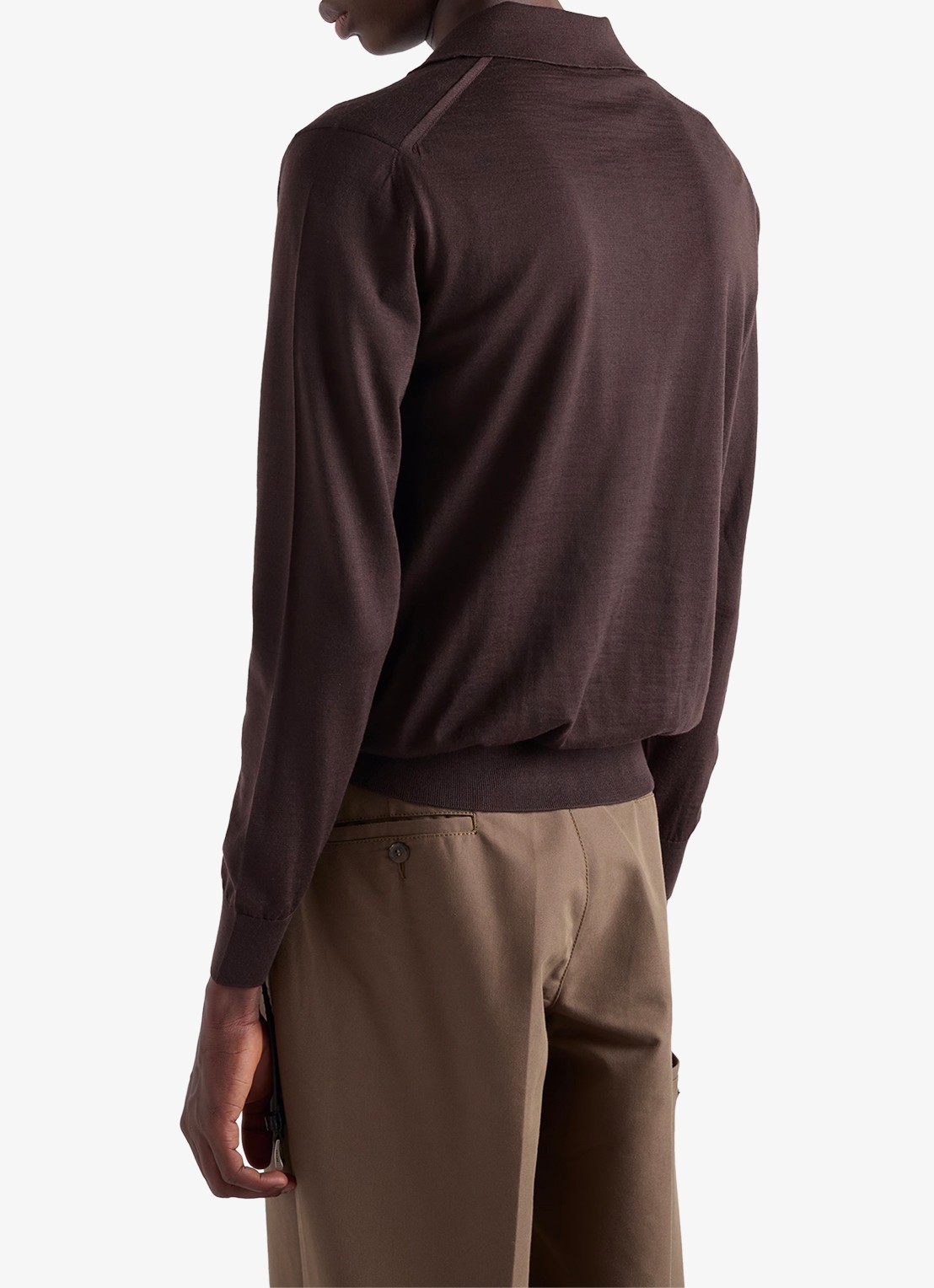 Prada Fijngebreide slim fit polo van scheerwol - achterkant 3 donkerbruin