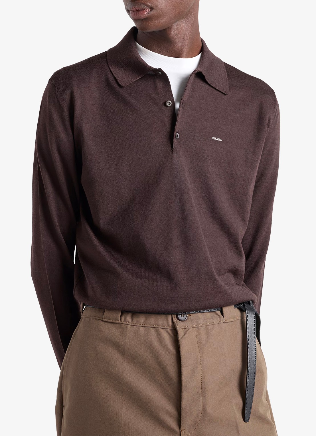 Prada Fijngebreide slim fit polo van scheerwol - detail 4 donkerbruin