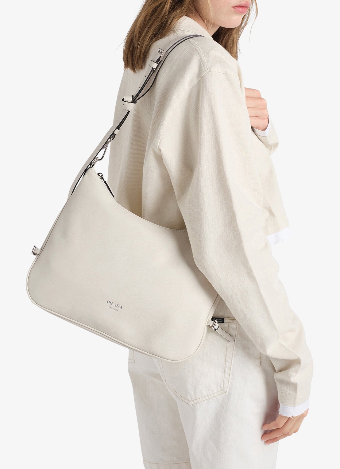 Prada Fold Large schoudertas van kalfsleer - voorkant 2 gebroken wit