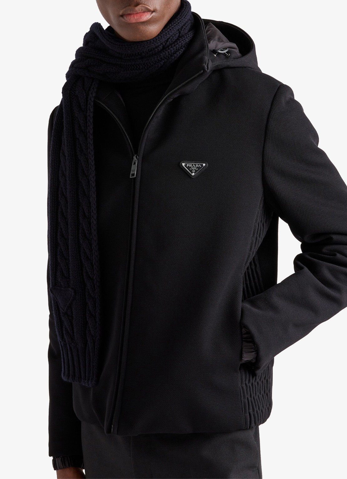 Prada Gewatteerd jack in scheerwolblend met afneembare capuchon - detail zwart