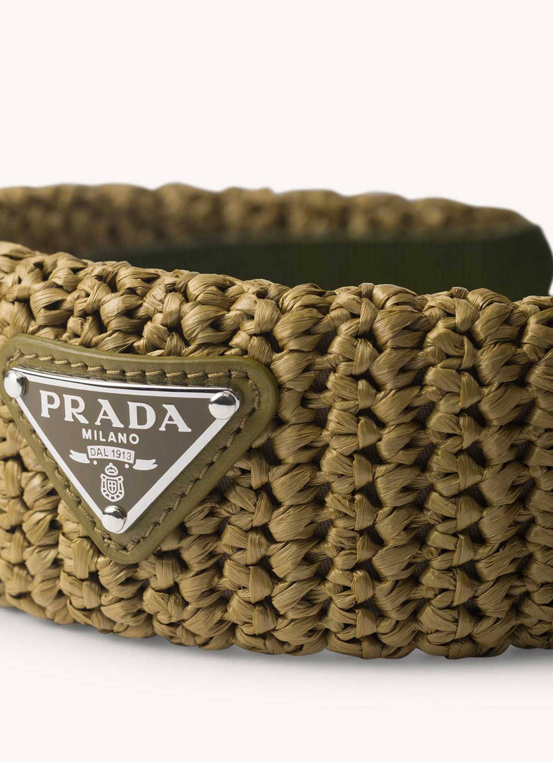 Prada Haarband van raffia - voorkant 2 olijfgroen