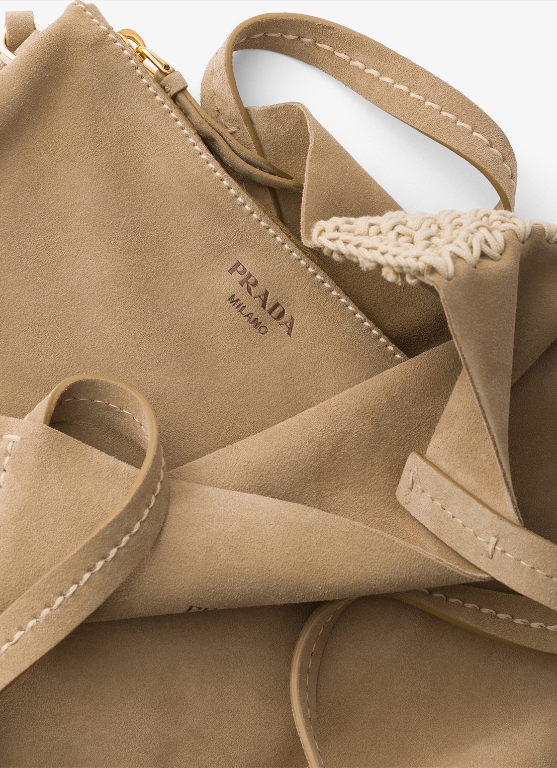 Prada Large shopper van kalfssuède met crochet details - detail 2 beige