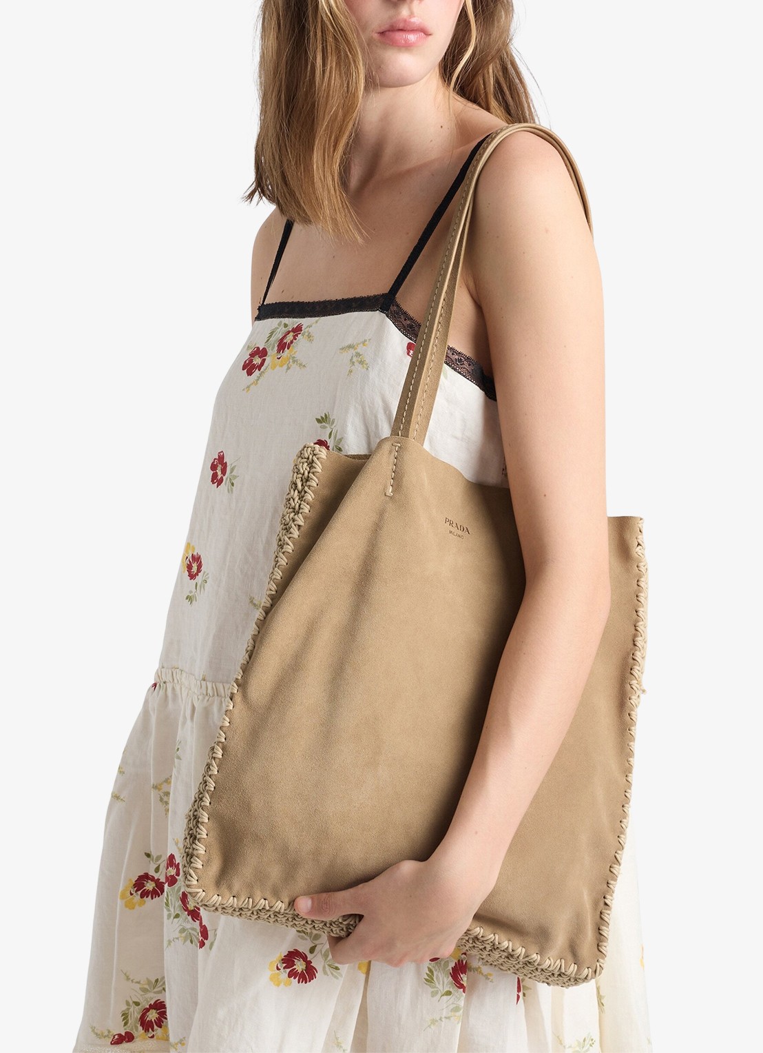 Prada Large shopper van kalfssuède met crochet details - voorkant 6 beige