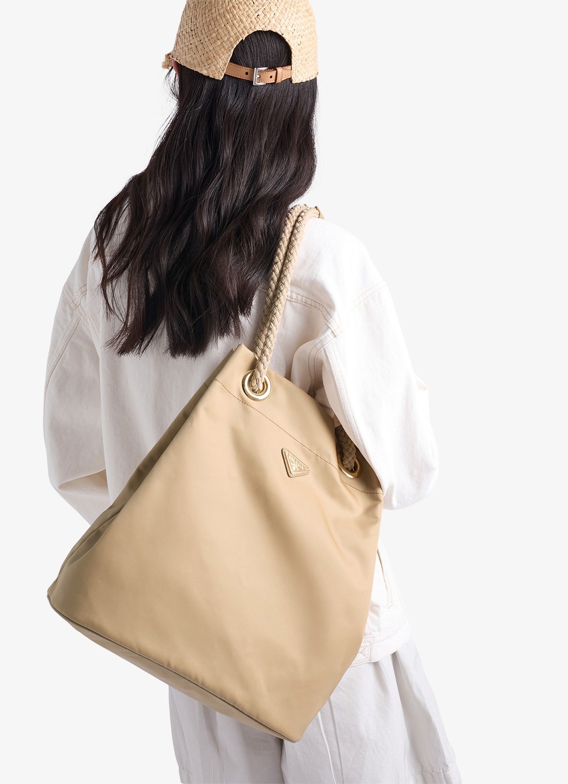 Prada Mariner Re-Nylon Large schoudertas met logo - voorkant 2 beige