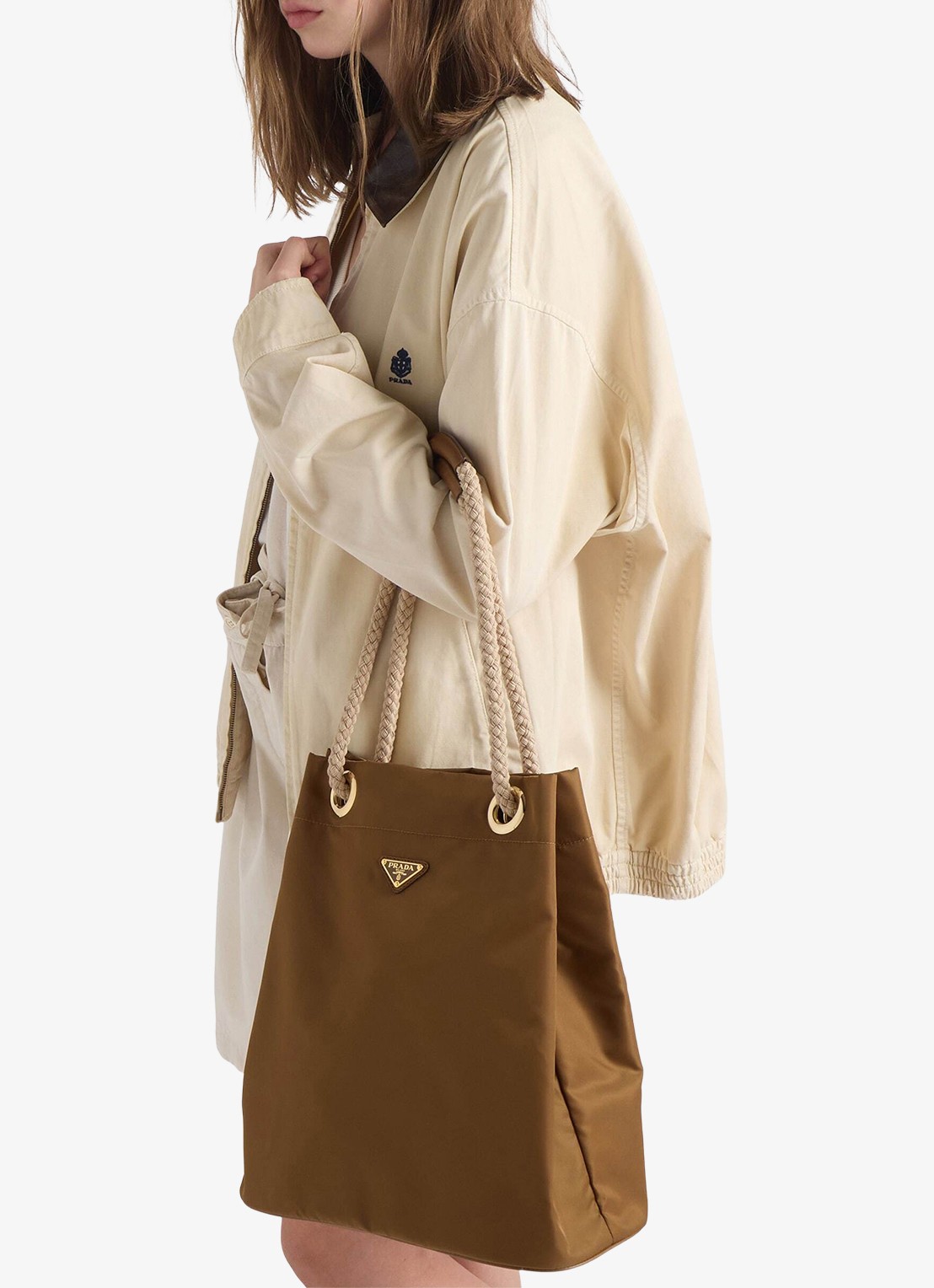 Prada Mariner Re-Nylon Large schoudertas met logo - detail 7 camel
