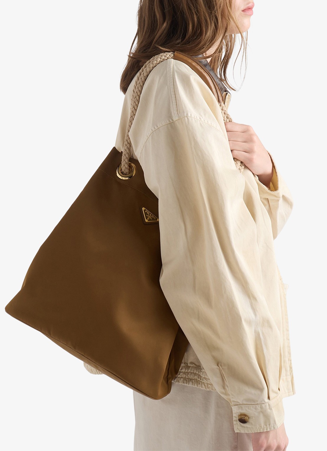 Prada Mariner Re-Nylon Large schoudertas met logo - voorkant 3 camel