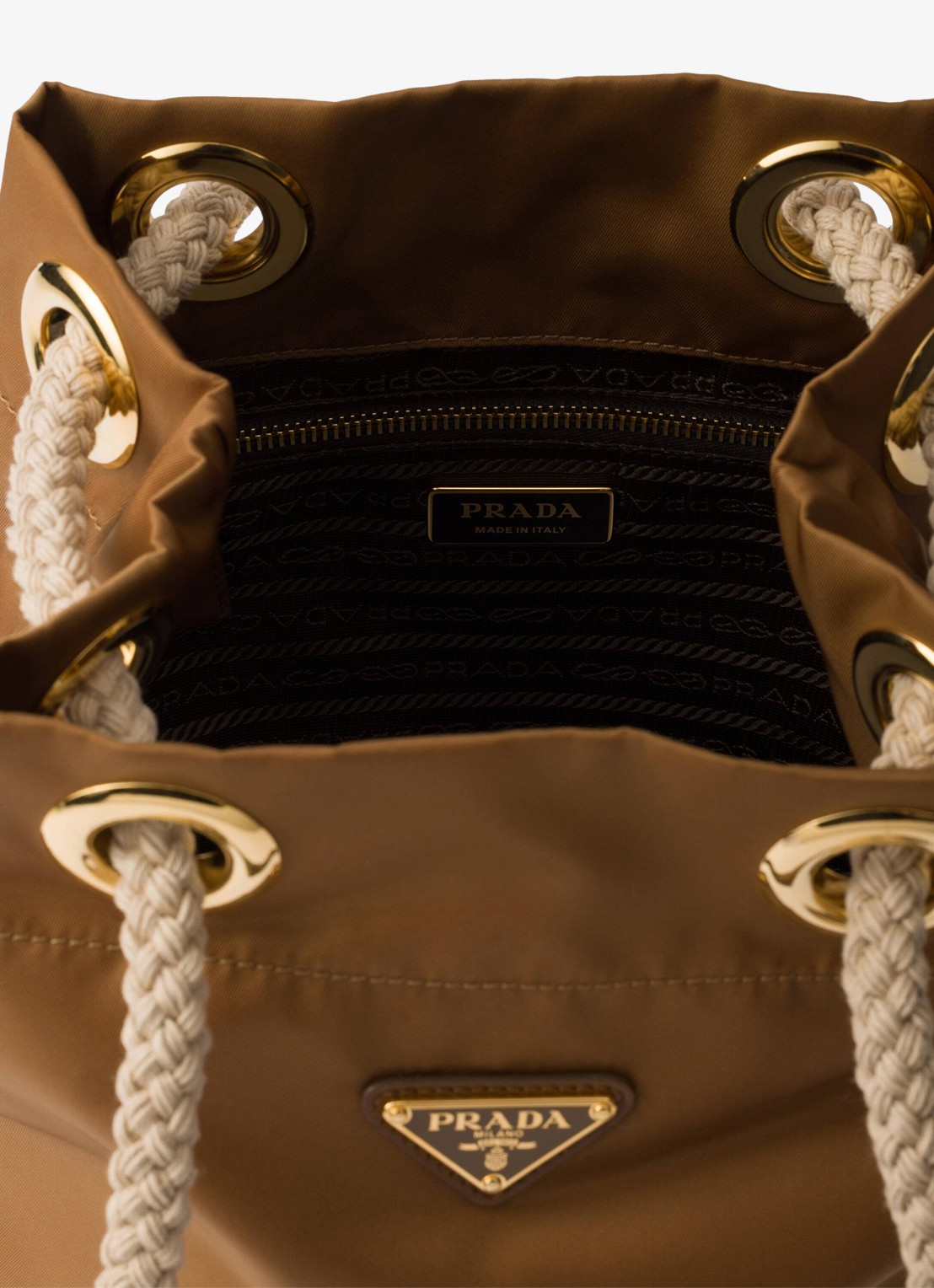 Prada Mariner Re-Nylon Small schoudertas met logo - detail camel